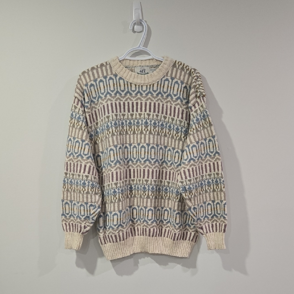 Retro 90's Van Heusen Beige and Blue Patterned Crewneck Cotton Knit Sweater